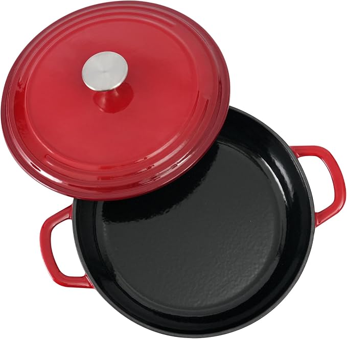 Flavehc Braiser Enameled Cast Iron Braiser 2.25 QT, Cast Iron Braiser Pan with Lid for Bread Baking, Soup & One Pot Meals, Small Shallow Dutch Oven Casserole for Oven & Induction, Red