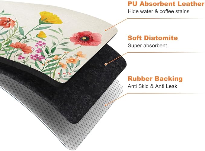 LOKHOM Dish Drying Mat for Kitchen Counter, 18"x24" Absorbent Coffee Bar Mat with Spring Floral, Dish Drainer Rack Mat for Kitchen Counter