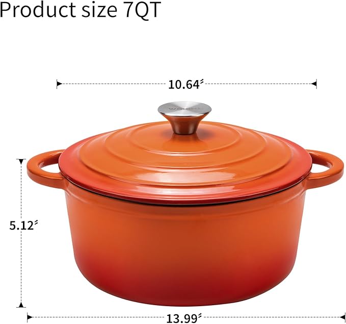 Enameled Cast Iron Dutch Oven - 7QT Pot with Lid,Oven Safe to 500°F,Heavy-Duty Cookware for Sourdough Bread Baking,Braising,Stews,Roasting Orange
