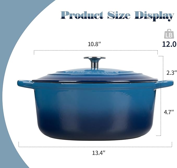 EDGING CASTING Enameled Cast Iron Dutch Oven Pot With Lid for Cooking, Bread Baking, Bread Oven, 5.5 Quart, Lake Blue
