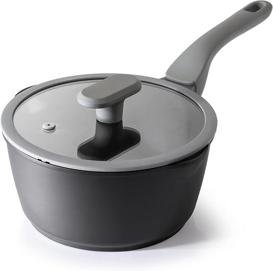 PRICUSIS Nonstick Saucepan with Lid, 2.7 Quart Non Toxic Pot with Pour Spouts, Full Coated, 100% Dishwasher Safe, Induction Compatible, PFOS & PFOA Free, Black Sesame