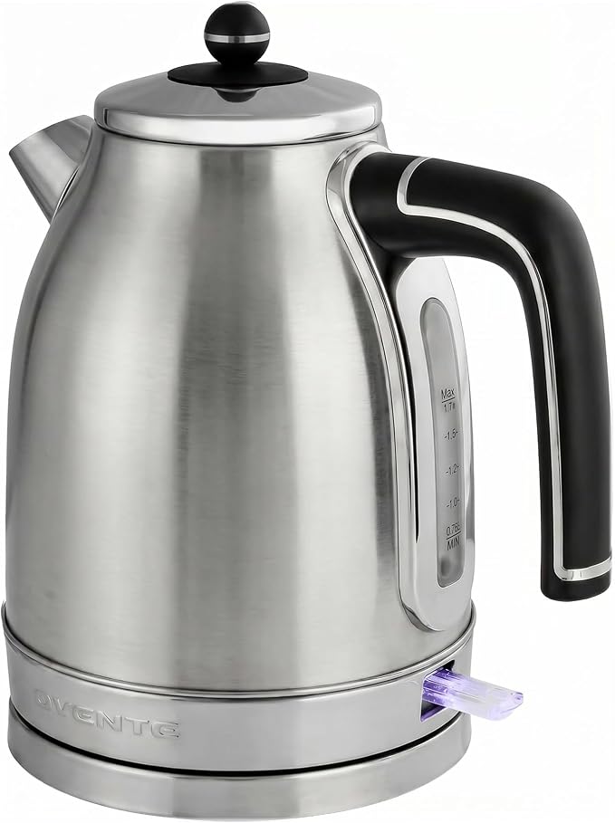 OVENTE 1.7L Electric Kettle, 1500W Fast Boiling Water Heater for Coffee or Tea with Stainless Steel BPA-Free and Cordless Body, Auto Shut-Off, Boil-Dry Protection and Removable Filter, Silver KS777S