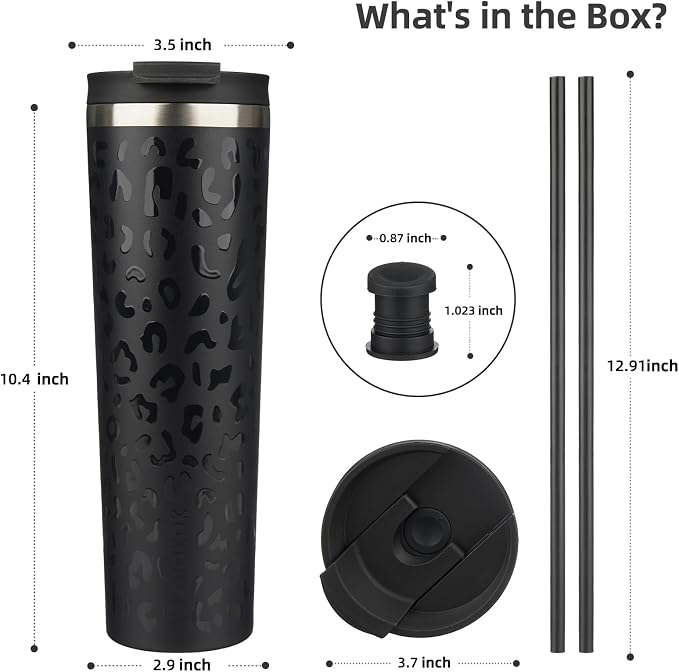 BJPKPK 34oz Insulated Tumbler With lid And Straw Stainless Steel Tumblers Travel Coffee Mug Reusable Thermal Cup,Black Leopard