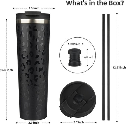 BJPKPK 34oz Insulated Tumbler With lid And Straw Stainless Steel Tumblers Travel Coffee Mug Reusable Thermal Cup,Black Leopard