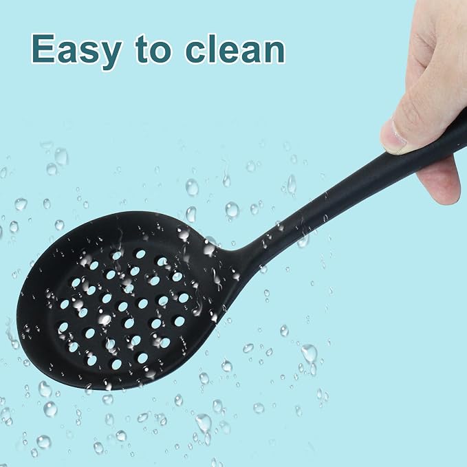 Hordion 1 Pcs Silicone Slotted Spoon, Black Strainer Spoon Non Stick Silicone Skimmer Heat Resistant Cooking Spoon