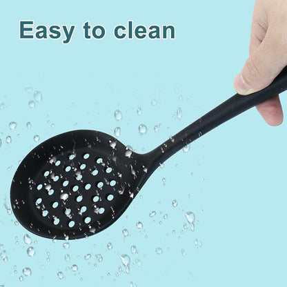 Hordion 1 Pcs Silicone Slotted Spoon, Black Strainer Spoon Non Stick Silicone Skimmer Heat Resistant Cooking Spoon
