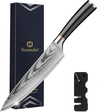 Sunnecko 8 Inch Chef Knife, Japanese Damascus VG10 Professional Kitchen Blade for Meat Vegetable Slicing, Ultra Sharp Cooking Tool with Manual Sharpener & Gift Box Packaging, Multi-purpose Chefs Knife