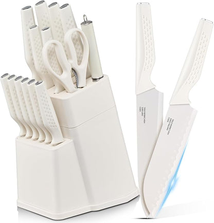 E-far Knife Set, 15-Piece Kitchen Knife Block Set with Sharpener, High Carbon Steel Chef Paring Steak Knives with Ergonomic Non-Slip Handle, Anti-Rust & Razor Sharp, White
