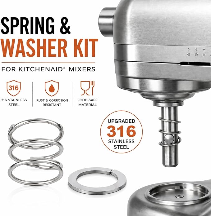 Spring & Washer Kit for KitchenAid® Stand Mixers – 316 Stainless Steel Upgrade, Food-Grade Replacement for Tilt-Head & Bowl-Lift Models – Stabilizes Attachments (1 Pack)