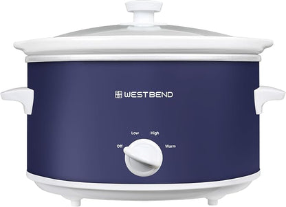 West Bend Slow Cooker 4-Quart Manual Crockery Style with Dishwasher Safe Oval Ceramic Crockpot and Glass Lid Two Temperature Settings Plus Keep Warm, 210-Watts, Navy