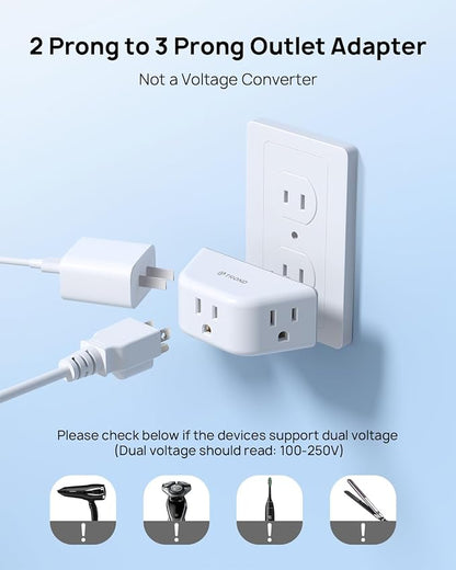 TROND 2 Prong to 3 Prong Outlet Adapter 2 Pack, 3-Way Angled Wall Extender with 3 AC Sockets, Plug Expander for Non-Grounded Outlets in Old House, Cruise Ship Essentials, White