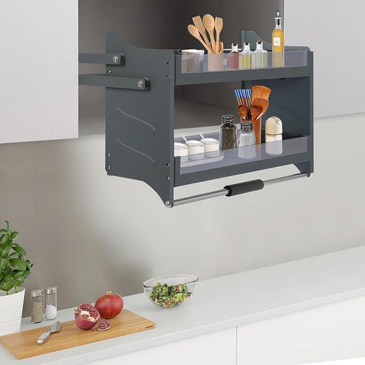 Kitchen Pull Down Shelf, Pull Down Cabinet Organizer, 2-Tier Tempered Glass Shelf with Adjustable Load Capacity (4.4-26.5lbs), Heavy Duty Kitchen Storage Rack for Upper Cabinets (30 inch Cabinet)