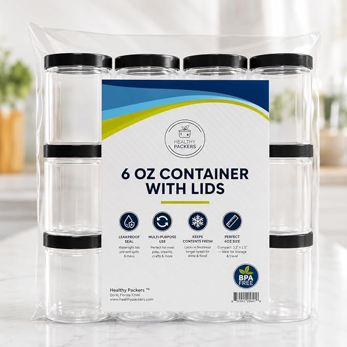 6 oz Plastic Jars with Lids (12 pack) - Clear Empty Containers for Body Lotions, Creams, Butters - Great for Storage and Organization of Crafts, Teas, and Spices