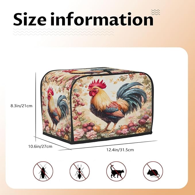 Rooster Animal Toaster Cover 4 Slice Wide Slot Washable Toaster Covers | Flower Art Dust and Fingerprint Protection Bread Maker Covers for Kitchen Accessories Decor Bakeware Women Gift