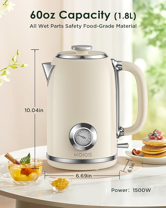 Electric Kettle 1.8L with Temperature Gauge, 1500W Fast Boiling Electric Tea Kettle, 100% Stainless Steel Retro-Style Hot Water Kettle Electric - Glowing LED Light, Auto Shut-Off & Boil-Dry Protection