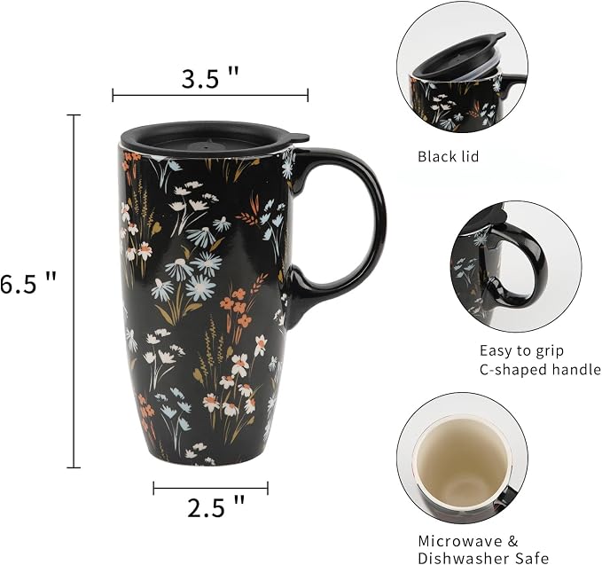 Topadorn 17oz Ceramic Travel Mug with Lid and Handle, Black Floral Coffee Cup, Tall Porcelain Mug, Microwave & Dishwasher Safe, Gift Box Included