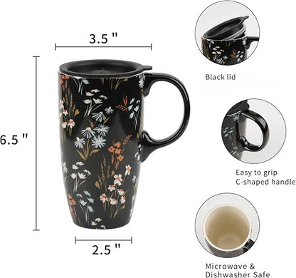 Topadorn 17oz Ceramic Travel Mug with Lid and Handle, Black Floral Coffee Cup, Tall Porcelain Mug, Microwave & Dishwasher Safe, Gift Box Included