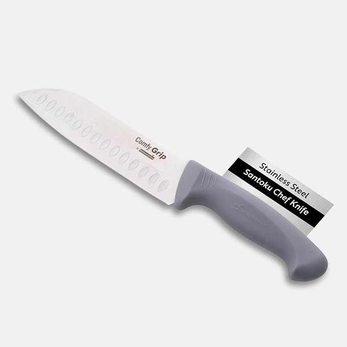 Restaurantware Comfy Grip 7 Inch Santoku Knife 1 Sharp Kitchen Knife - Ergonomic Handle Non-Slip Grip Gray Stainless Steel Japanese Chef Knife Dishwashable Granton Edge
