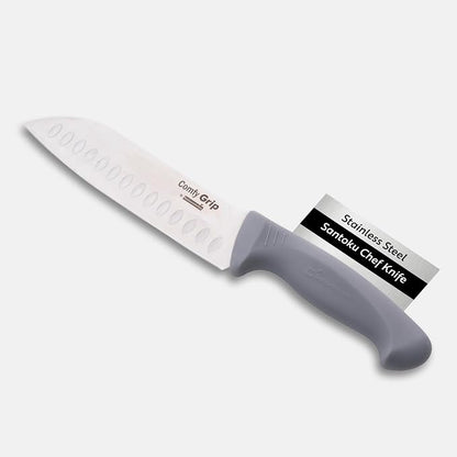 Restaurantware Comfy Grip 7 Inch Santoku Knife 1 Sharp Kitchen Knife - Ergonomic Handle Non-Slip Grip Gray Stainless Steel Japanese Chef Knife Dishwashable Granton Edge