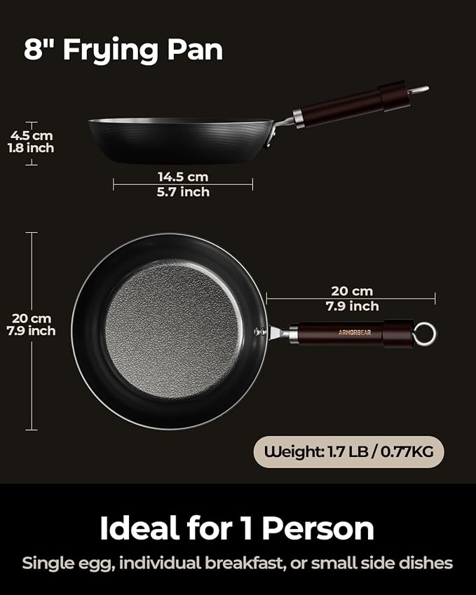 8 Inch Self-Seasoning Nitrided Carbon Steel Pan, Small Skillet for Eggs Camping and Individual Cooking Portions, Pre-seasoned, Wooden Handle, PFAS & PFOA-Free