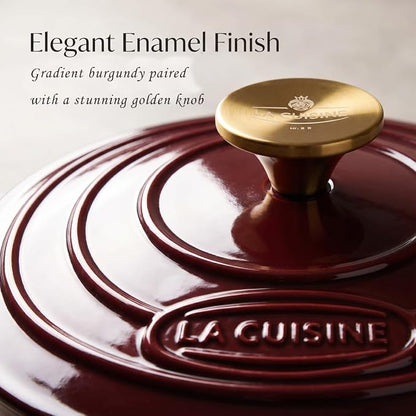 La Cuisine Enameled Cast Iron Dutch Oven Casserole Dish Pot with Lid, 5 QT 10.3“ /26cm Dia. Internal Matt Black Enamel Coating Gold-Plated SS Lid Handle Oven Safe up to 500° F, Cranberry