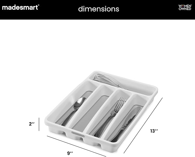 madesmart Small Silverware Tray, Compact 5 Compartment Flatware Organizer for Forks, Knives & Spoons, Non Slip, Soft Grip Lining, Fits Small Drawers, White