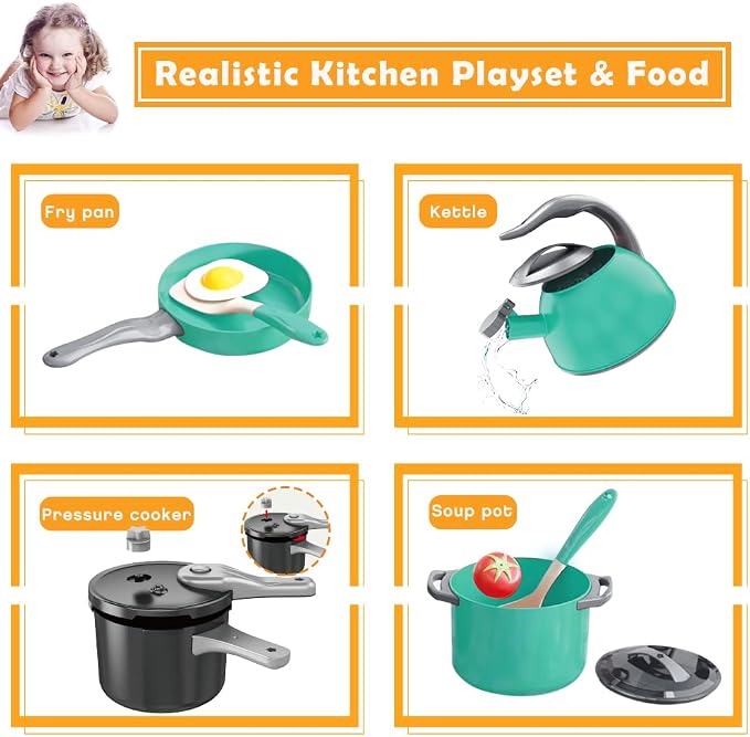 Bruvoalon 32Pcs Kids Play Kitchen Toys Set, Toddlers Pretend Cooking Playset Acccessories with Pots Pans, Utensils Cookware, Foods, Canned Veges, Learning Gift for Kids Girls Boys (Green)