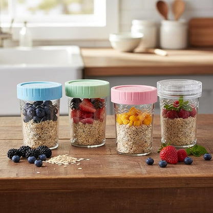 4-Pack 20oz Glass Jars with Lids, Mason Jars, BPA free Wide Mouth Glass Jars with Lids, Food Storage Containers for Snacks, Yogurt, Salad, Fridge, Meal Prep（Mixed color）