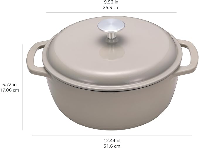 Amazon Basics Cast Iron Dutch Oven Pot with Lid, Enameled, Dual Handles, Round, Heavy-Duty, Small, 4.3-Quart, Linen Gray
