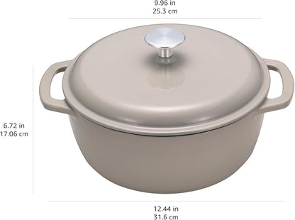 Amazon Basics Cast Iron Dutch Oven Pot with Lid, Enameled, Dual Handles, Round, Heavy-Duty, Small, 4.3-Quart, Linen Gray