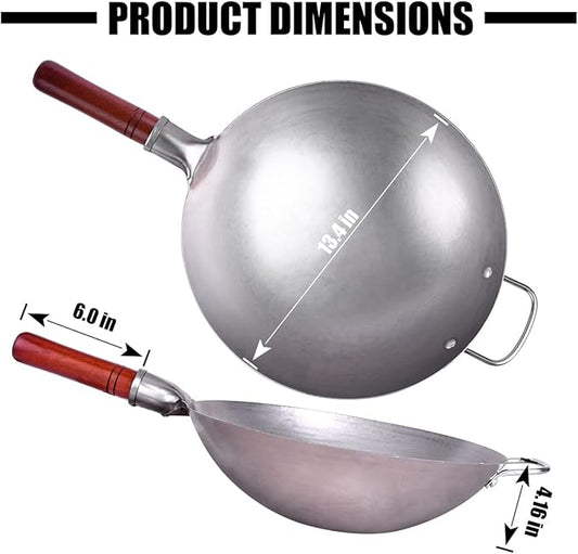 Teewe Carbon Steel Wok Traditional Hand Hammered - 13.4" Chinese Woks Round Bottom Wok Pan Set with 8 Pcs Cookware Accessories