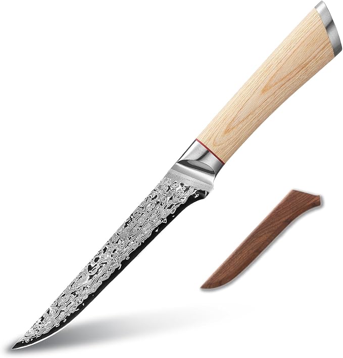 DONGSUN 6 Inch Damascus Boning Knife with North American Black Walnut Sheath, 67-Layer VG10 Forged Steel Fillet Knife, Professional Durable Sharpness