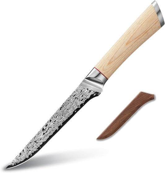 DONGSUN 6 Inch Damascus Boning Knife with North American Black Walnut Sheath, 67-Layer VG10 Forged Steel Fillet Knife, Professional Durable Sharpness