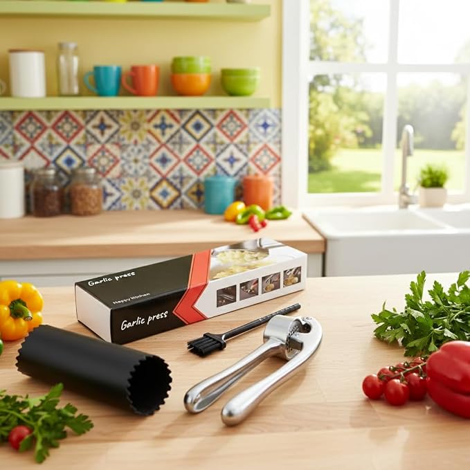 Garlic Press with Peeler and Brush | Easy Garlic Crusher | Dishwasher Safe | Zinc | Comfortable Handle