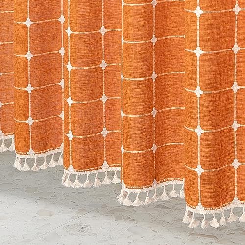 Boho Farmhouse Classic Plaid Linen Tassel Shower Curtain Orange,72x84