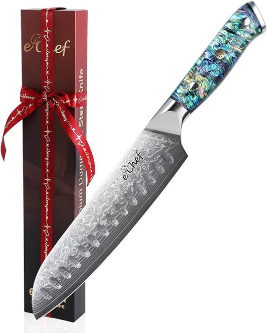 7-inch Hand-Forged Santoku Knife, Professional Chef's Knife, Made of VG10 Steel, Deep Sea Abalone Shell Handle, Damascus Sharp Kitchen Knife, Comes with Gift Box (7.2-inch Santoku Knife)
