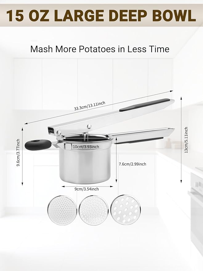 Potato Ricer, Heavy Duty Stainless Steel Potato Masher and Ricer for Mashed Potatoes, Kitchen Gadget for Mashed Potatoes with 3 Interchangeable Discs