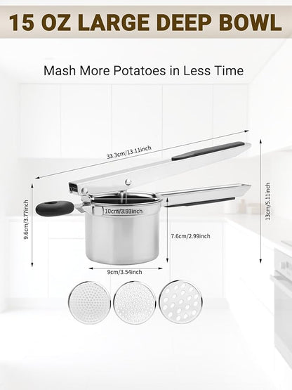 Potato Ricer, Heavy Duty Stainless Steel Potato Masher and Ricer for Mashed Potatoes, Kitchen Gadget for Mashed Potatoes with 3 Interchangeable Discs