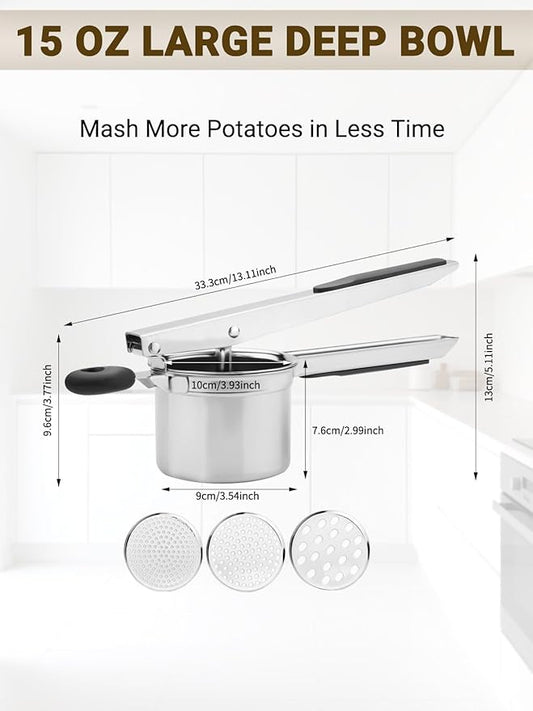 Potato Ricer, Heavy Duty Stainless Steel Potato Masher and Ricer for Mashed Potatoes, Kitchen Gadget for Mashed Potatoes with 3 Interchangeable Discs