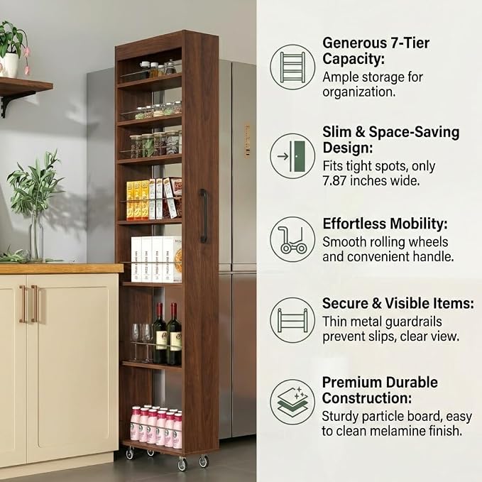 Slim Rolling Storage Cart, 7-Tier Pull-Out Spice Rack with Handle & Wheels, Narrow Kitchen Organizer for Next to Fridge, Pantry, Laundry Room, 7.87 Inch Wide Space Saver (Walnut, Exposed Wheels)
