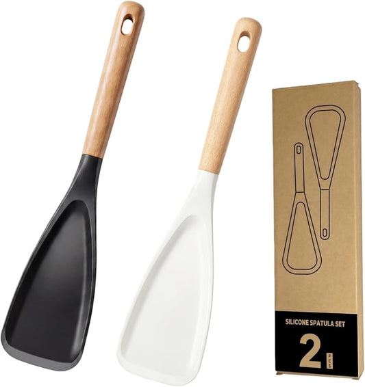 Silicone Cooking Spoon & Spoonula Spatula for Nonstick Cookware, Heat Resistant 600°F Kitchen Utensil, BPA-Free Food-Grade, Solid Wood Handle, Serving Scraping Scooping Stirring (Black & White)