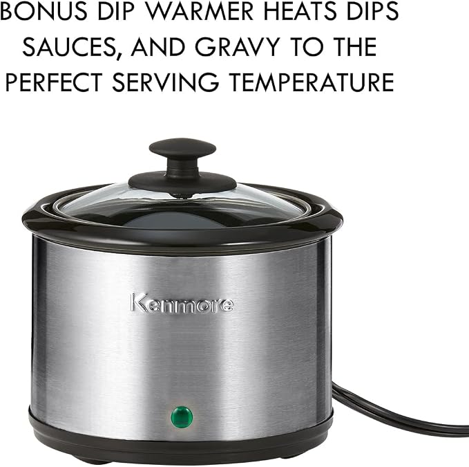 Kenmore Programmable 7 qt (6.6L) Slow Cooker with Dipper Sauce-Warmer, Black and Silver, Stainless Steel, Digital Display, One-Touch Controls, Braise, Simmer, Sous Vide, Stew, Soup, Chili, Curry