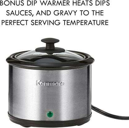 Kenmore Programmable 7 qt (6.6L) Slow Cooker with Dipper Sauce-Warmer, Black and Silver, Stainless Steel, Digital Display, One-Touch Controls, Braise, Simmer, Sous Vide, Stew, Soup, Chili, Curry