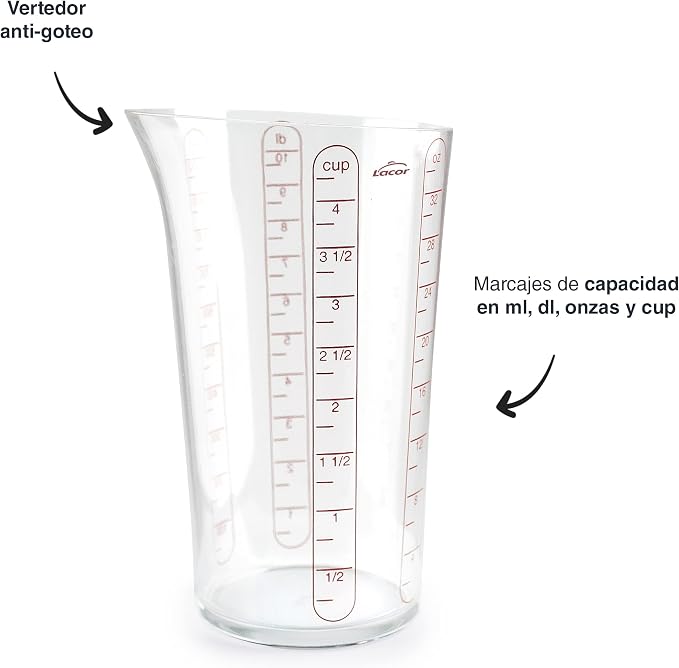 Lacor - 67071 - Basic Measuring Cup, Container with Measurements, Liquid Meter, Highest Quality Plastic, BPA Free, 10.5 cm, 1 L