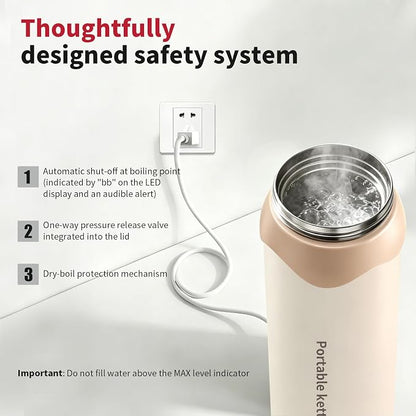 Insulated Stainless Steel Electric Kettle Small, Smart Water Bottle with 4 Temperature Control, Leak-Proof, Mini Travel Essentials Portable Office Gifts for Tea Lovers, Cream