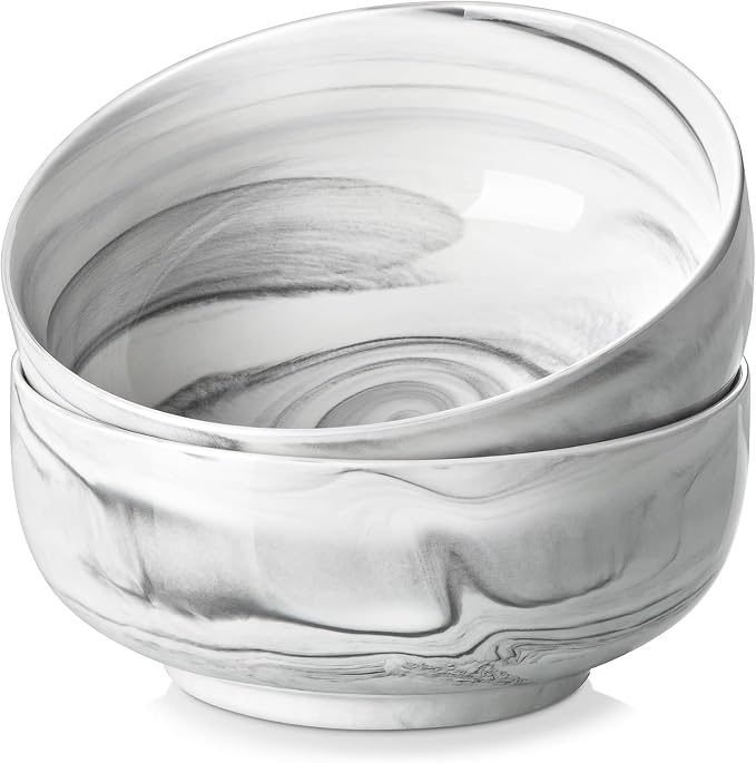 MALACASA Large Soup Bowls Set, 44 OZ (7") Salad Bowl Cereal Bowl Set of 2,Marble Grey Ceramic Bowls for Kitchen, Dishwasher & Microwave Safe, Series REGULAR