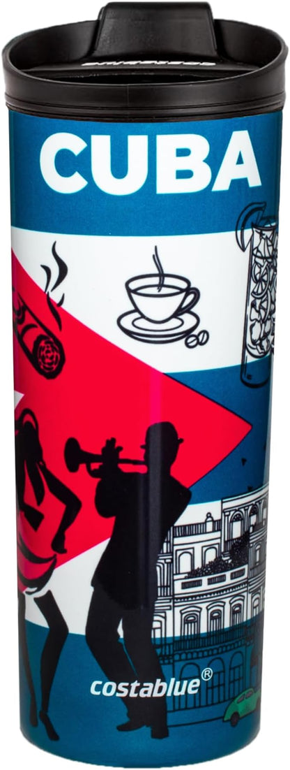 Cuba Vacuum Insulated Stainless Steel Thermal Travel Mug, 16 oz, Easy Clean, Flip leak Proof Lid Cuba Flag with Icons from Cuba…