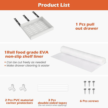 1Pack Expandable Pull Out Cabinet Organizer 16.5"Deep, Adjustable Width 12.2"-20.4" Slide Out Drawers & Roll Out Shelves for Kitchen Cabinets, Easy Install with Double-Sided Adhesive, White