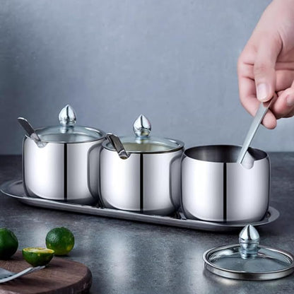Kitchen Stainless Steel Spice Jars Seasonning Box with Spoons, Seasoning Containers Bottles with Stainless Steel &Clear Glass Cap,10oz for Home and Kitchen (2)