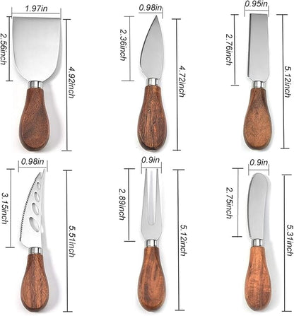 Premium Stainless Steel Cheese Tool Set - Acacia Cheese Knife Set - Cut, Spread All Your Favorite Cheeses (6 Acacia Cheese Set)